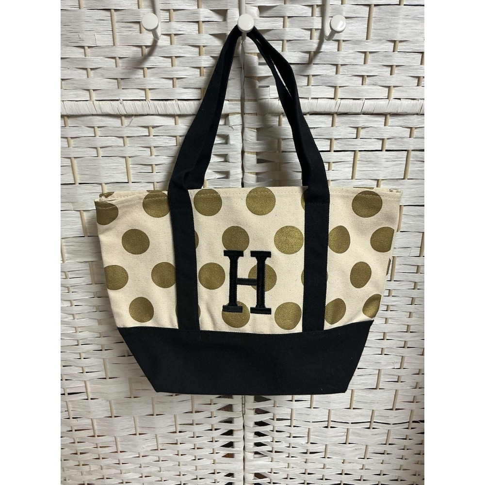 LTD Commodities Monogram Canvas Tote Bag Initial H Gold Polka Dot Black Base